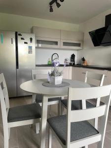 een keuken met een tafel en stoelen en een koelkast bij Apartment Tomy in Rijeka