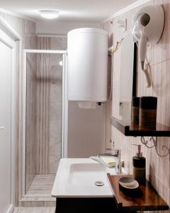 ein Bad mit einem Waschbecken und einer Lampe an der Wand in der Unterkunft Demetra Apartments in Ohrid + 65 Fotos