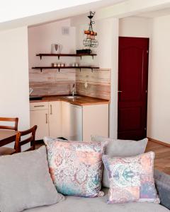 ein Wohnzimmer mit Sofa und eine Küche in der Unterkunft Demetra Apartments in Ohrid