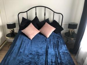 ワルシャワにあるMlociny Apartmentのベッド(ブルーブランケット、枕付)