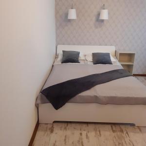 a bedroom with a large bed with two pillows at domek dla 2 osób in Junoszyno