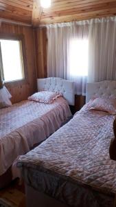 2 camas en un dormitorio con 2 ventanas en Doga ile basbasa Eko yayla en Tonya