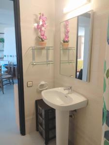 een badkamer met een wastafel en een spiegel bij Apartamento Palmeras in La Pineda