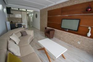 a living room with a couch and a flat screen tv at Golden Apartments in Ulcinj
