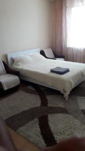 a bed in a bedroom with a rug and a window at Center Park Brovary in Brovary