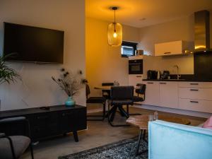 a living room with a tv and a kitchen at Tasteful apartment in Vrouwenpolder close to the beach in Vrouwenpolder