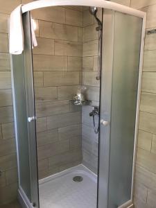 um chuveiro com uma porta de vidro na casa de banho em Excellent stone house-Pet friendly em Privlaka
