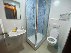 een badkamer met een douche, een toilet en een wastafel bij Apartment Vesna City PG in Podgorica