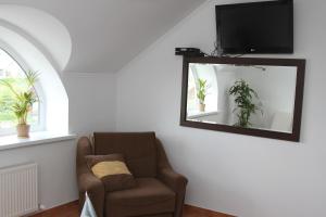 ein Wohnzimmer mit einem Sessel und einem Spiegel in der Unterkunft Liz - готель, сауна, ресторан in Dunaivtsi