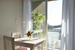 巴拉那Monoambiente La Pitota的阳台上的白色桌子和花瓶