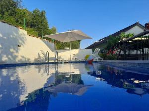 a pool with an umbrella and a chair and a ball at Villa Uros in Herceg-Novi