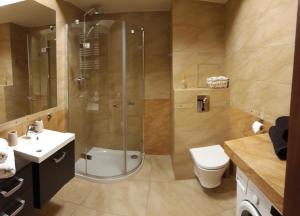 La salle de bains est pourvue d'une douche, de toilettes et d'un lavabo. dans l'établissement Dobry Wieczór we Wrocławiu, à Wrocław