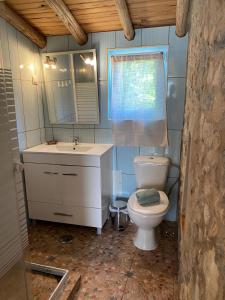 a bathroom with a toilet and a sink and a mirror at Quinta Algarve das Relvinhas in Monchique