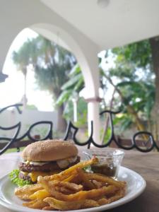 un plato con una hamburguesa y papas fritas en una mesa en Portal de José, en Ciudad Valles