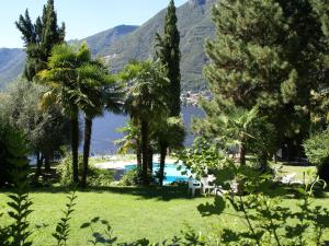 Pognana LarioにあるApartment in residence with terrace and beautiful view of the lakeのヤシの木とプールのあるリゾートの景色を望めます。