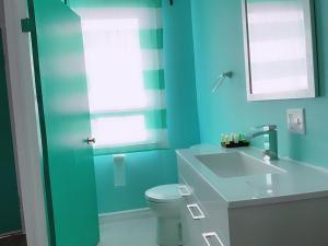 a bathroom with a toilet and a sink and a mirror at Stop 21 Motel in Southampton +22 photos