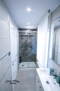een badkamer met een douche, een wastafel en een spiegel bij Piso las Artes in Avilés