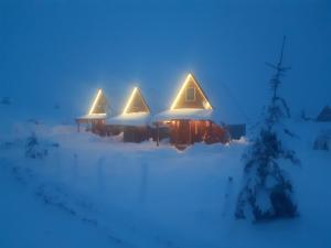 un gruppo di rifugi nella neve di notte di Mountain house Bjanka a Žabljak