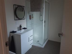 een badkamer met een douche, een wastafel en een spiegel bij I'm a traveller in Dunedin