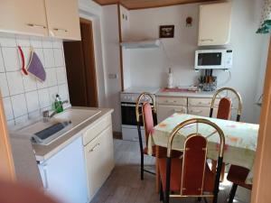 eine Küche mit einem Waschbecken und einem Tisch mit Stühlen in der Unterkunft Ferienwohnung in Reinhardtsdorf