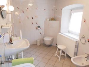 Baño blanco con lavabo y aseo en Urlaub am Bauernhof Wenigeder - Familie Klopf, en Gutau