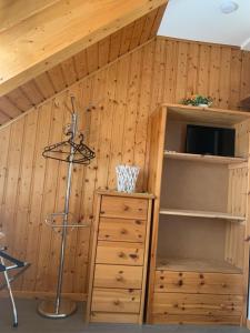 a room with a book shelf and a lamp at Haus Valentina in Waldsolms