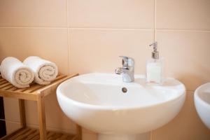 un bagno con lavandino e asciugamani su una mensola di Guest house Fleurs a Liptovský Mikuláš Altre 37 foto