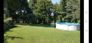 a large field with a blue object in the grass at Casa dos Covelos in Ribeira de Pena