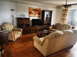 a living room with two couches and a tv at Skitnica Kampus apartman i sobe in Koprivnica