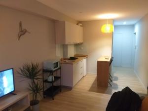 uma sala de estar com uma cozinha e uma televisão em Boavista Cosy Apartments no Porto