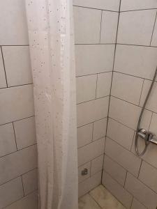 een douche met een wit douchegordijn in de badkamer bij Aldi 4 in Pula