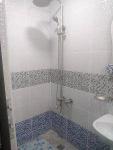 a shower with a glass door next to a sink at Dom Polski in Gyumri