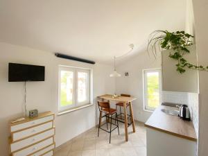 a kitchen with a sink and a table with a chair at Apartments Mester in Sveti Anton
