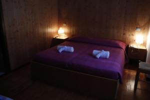 a bedroom with a purple bed with two pillows on it at B&B Amico in Comano Terme