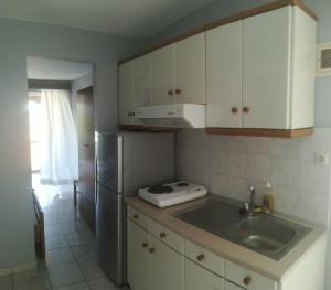 a kitchen with a sink and a refrigerator at Loginos Studios in Kallithea Halkidikis