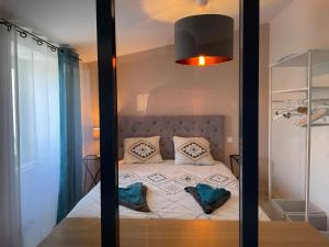 1 dormitorio con 1 cama con pared de cristal en Chez Emile La Chabotine -T2 Neuf, calme, lumineux, en Niort