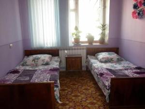 a bedroom with two beds and a window with plants at Dom Polski in Gyumri