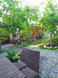 a wooden bench sitting in the middle of a garden at Guest house Lev in Pizunda