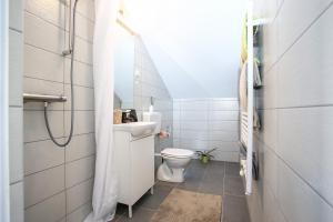 mała łazienka z toaletą i prysznicem w obiekcie WHITE ROOMS ARENA ZAGREB w Zagrzebiu +16 zdjęć