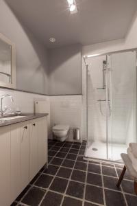 a bathroom with a shower and a toilet and a sink at B&B Louis1924 in Dilbeek