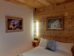 a bedroom with a bed and two pictures on the wall at B&B IL BUCANEVE in Santo Stefano di Cadore