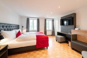 Dormitorio con cama, escritorio y TV en Landgasthof Wartegg, en Wigoltingen