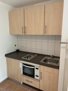 a kitchen with a sink and a microwave at Kleines Ferienhäuschen im Grünen am Wasser in Grönwohld