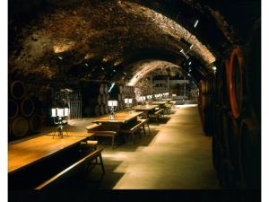 a room with tables and benches in a wine cellar at Fortuna Vendégház in Sárospatak