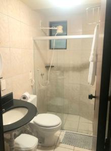 a bathroom with a shower and a toilet and a sink at Atlântico Flat Apto 103 in Natal