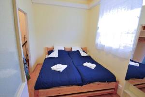 sypialnia z niebieskim łóżkiem i 2 ręcznikami w obiekcie City Center Apartment w Debreczynie