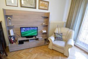 een woonkamer met een televisie en een stoel bij City Center Apartment in Debrecen