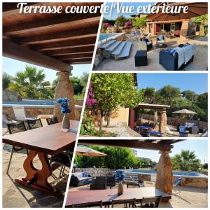 a collage of four pictures of a table and furniture at VILLA SABA in Olbia