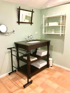 a bathroom with a sink and a shelf with towels at Chambres d'hôtes Vers la Croix in Leynes