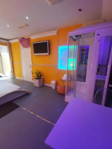 um quarto com um quarto com um chuveiro e uma televisão em Hotel Rural Mansión em Navalcarnero